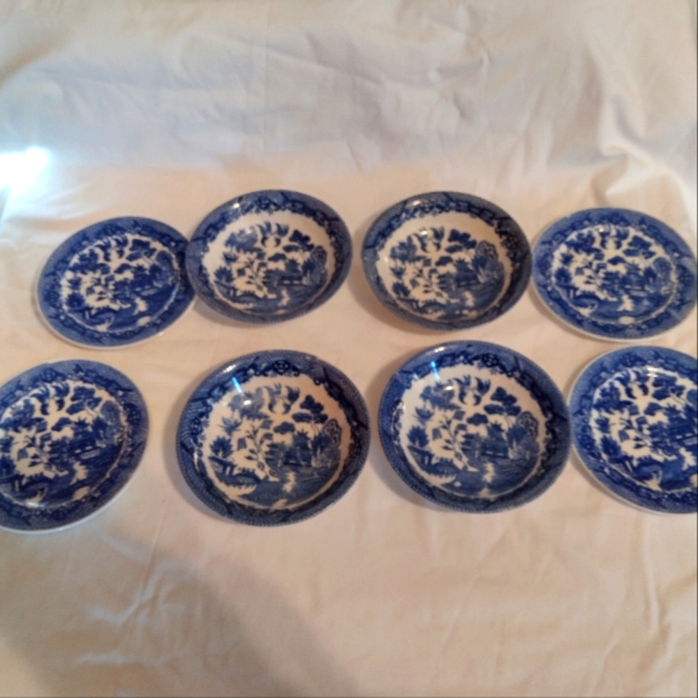 4 Blue Willow Bowl and Saucer Dish Set Stamped JAPAN Black Ink Antique Vintage